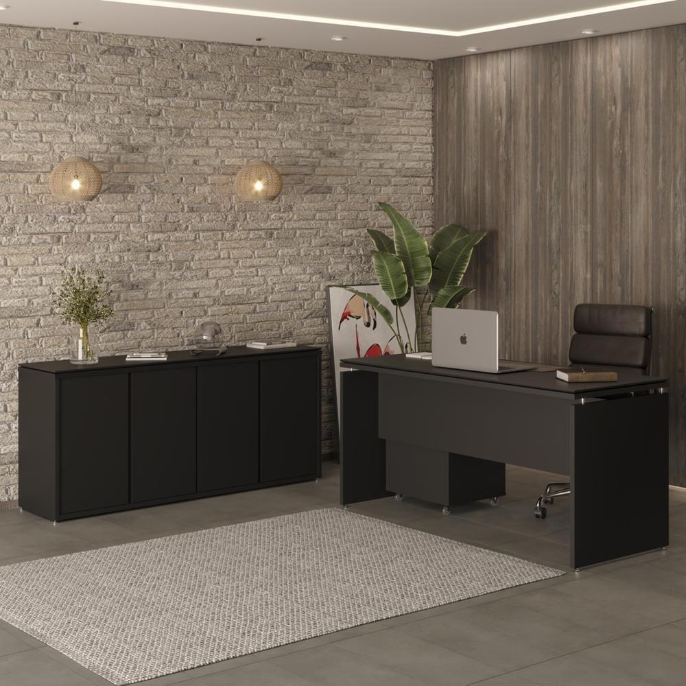 Conjunto De Escritório Office 3 Peças Mesa Gaveteiro Balcão - Preto Preto - 2