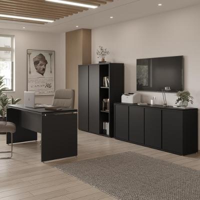 Conjunto De Escritório Office 3 Peças Mesa Balcão Armário Tu - Preto Preto