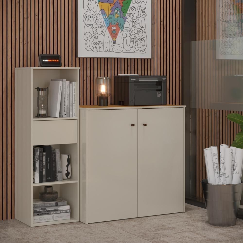 Conjunto De Escritório 2 Peças Tech Office Livreiro E Aparad - Off White E Cedro Off White E Cedro - 1