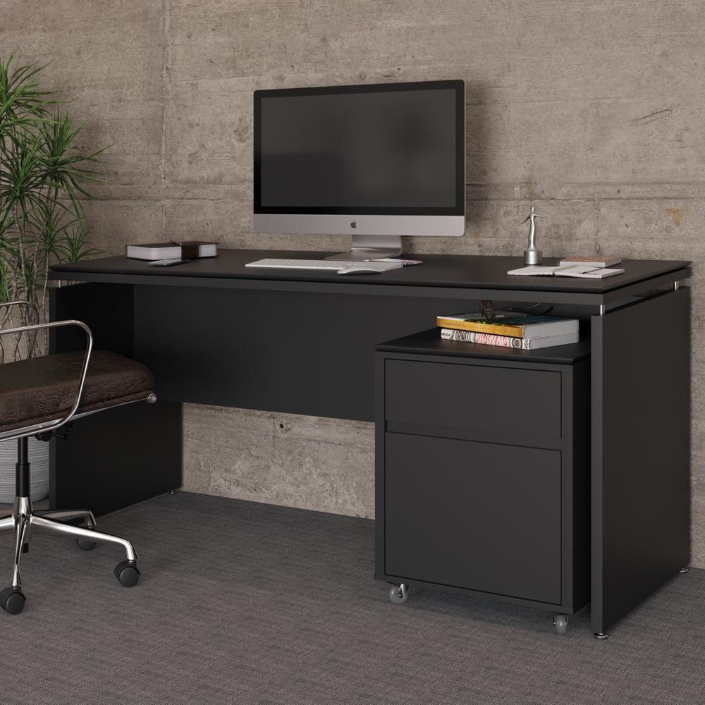 Conjunto De Escritório 2 Peças Mesa Gaveteiro 2 Gavetas Tund - Preto Preto - 1