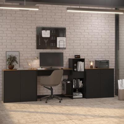 Conjunto De Escritório 4 Peças Tech Office Mesa Livreiro E 2 - Preto E Cedro Preto E Cedro