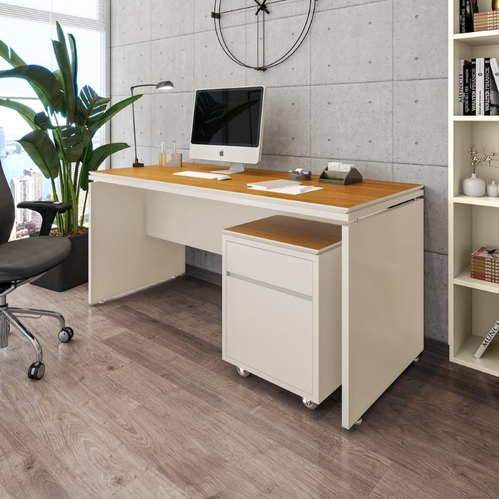 Conjunto De Escritório 2 Peças Mesa Gaveteiro 2 Gavetas Tund - Off White E Cedro Off White E Cedro - 2