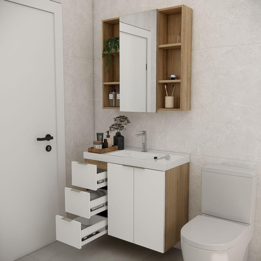 Conjunto De Banheiro Sem Cuba Vittare 80cm Estilare CNJ5007 Carvalho-branco Gaveta Esquerda - 6