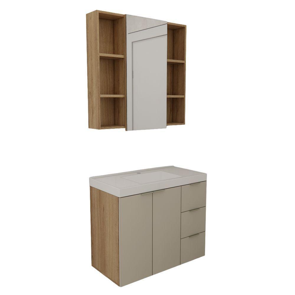 Conjunto De Banheiro Com Cuba Vittare 80cm Estilare CNJ5006 Carvalho-nude Gaveta Direita - 2