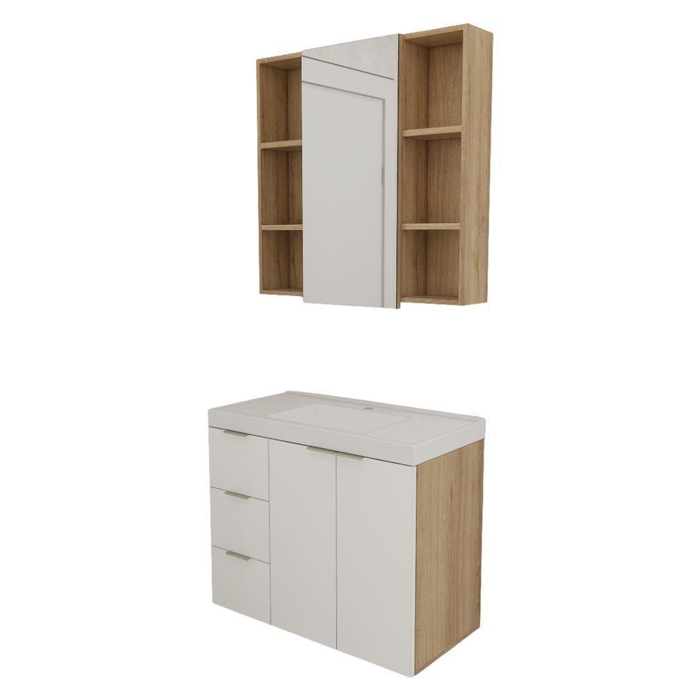Conjunto De Banheiro Com Cuba Vittare 80cm Estilare CNJ5007 Carvalho-branco Gaveta Esquerda - 2