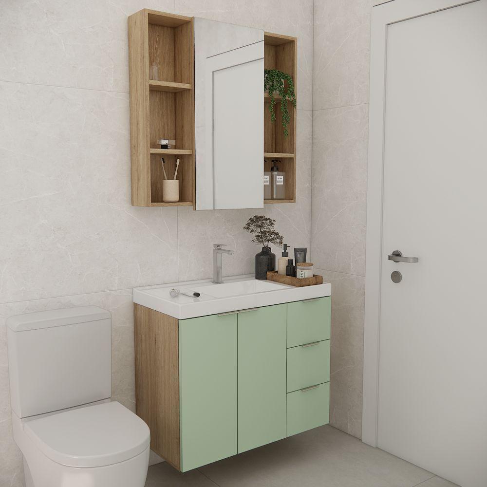 Conjunto De Banheiro Com Cuba Vittare 80cm Estilare CNJ5006 Carvalho-verde Gaveta Direita - 1