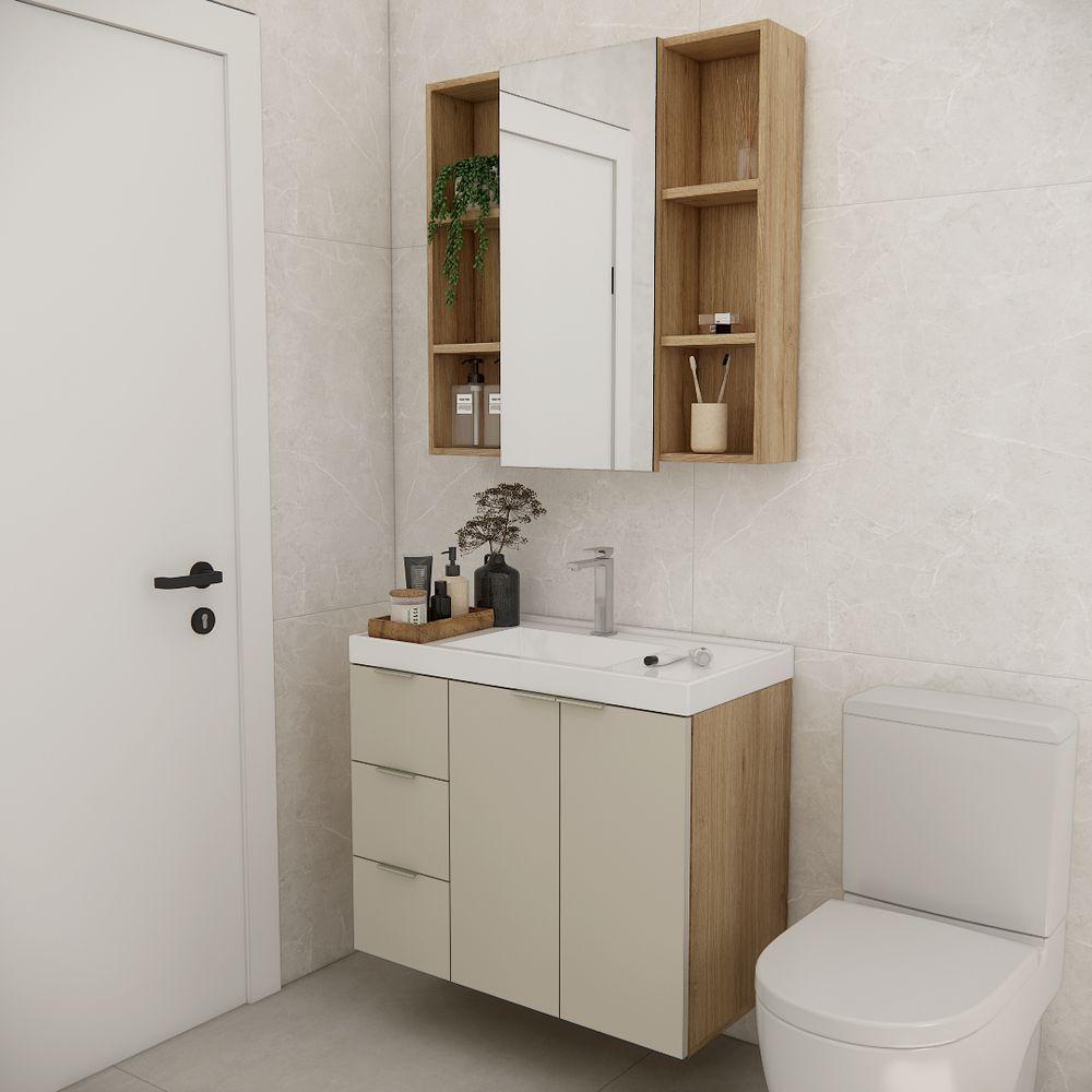 Conjunto De Banheiro Com Cuba Vittare 80cm Estilare CNJ5007 Carvalho-nude Gaveta Esquerda - 1