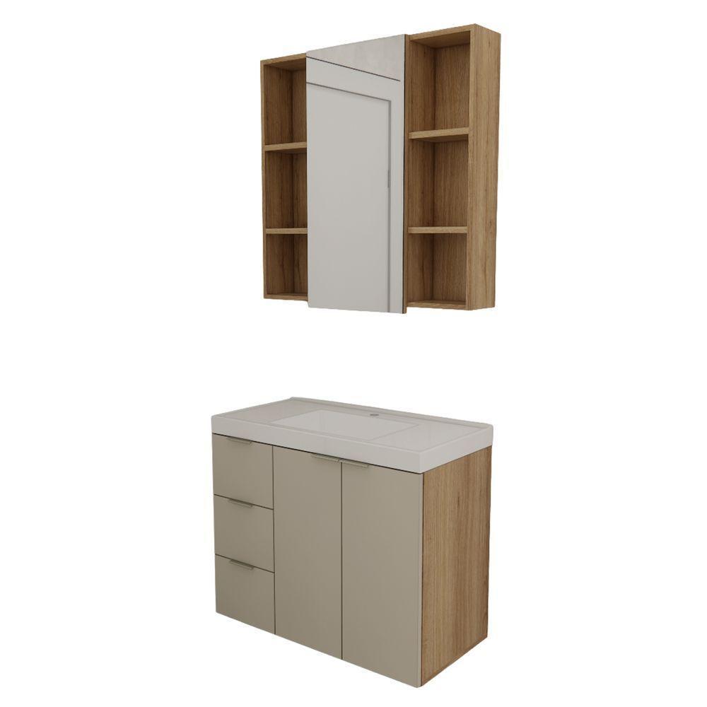 Conjunto De Banheiro Com Cuba Vittare 80cm Estilare CNJ5007 Carvalho-nude Gaveta Esquerda - 2