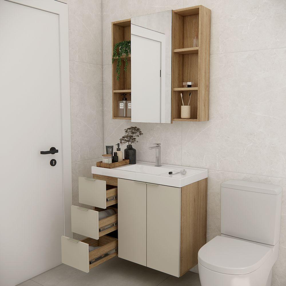 Conjunto De Banheiro Com Cuba Vittare 80cm Estilare CNJ5007 Carvalho-nude Gaveta Esquerda - 6