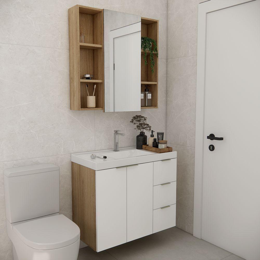 Conjunto De Banheiro Com Cuba Vittare 80cm Estilare CNJ5006 Carvalho-branco Gaveta Direita - 1