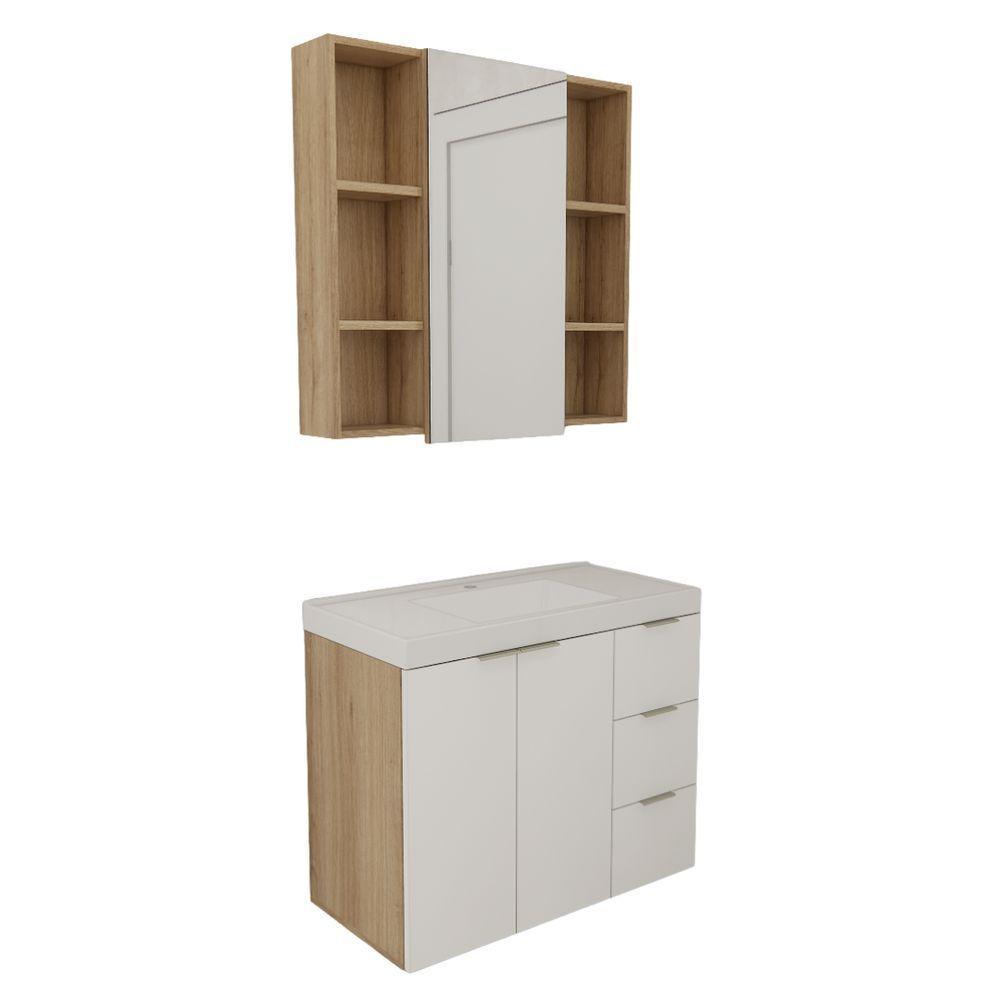Conjunto De Banheiro Com Cuba Vittare 80cm Estilare CNJ5006 Carvalho-branco Gaveta Direita - 2