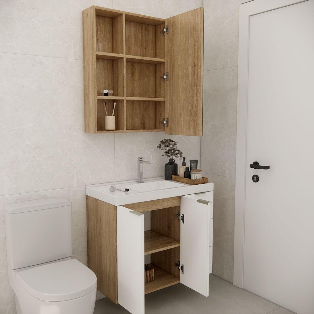 Conjunto De Banheiro Com Cuba Vittare 80cm Estilare CNJ5006 Carvalho-branco Gaveta Direita - 9