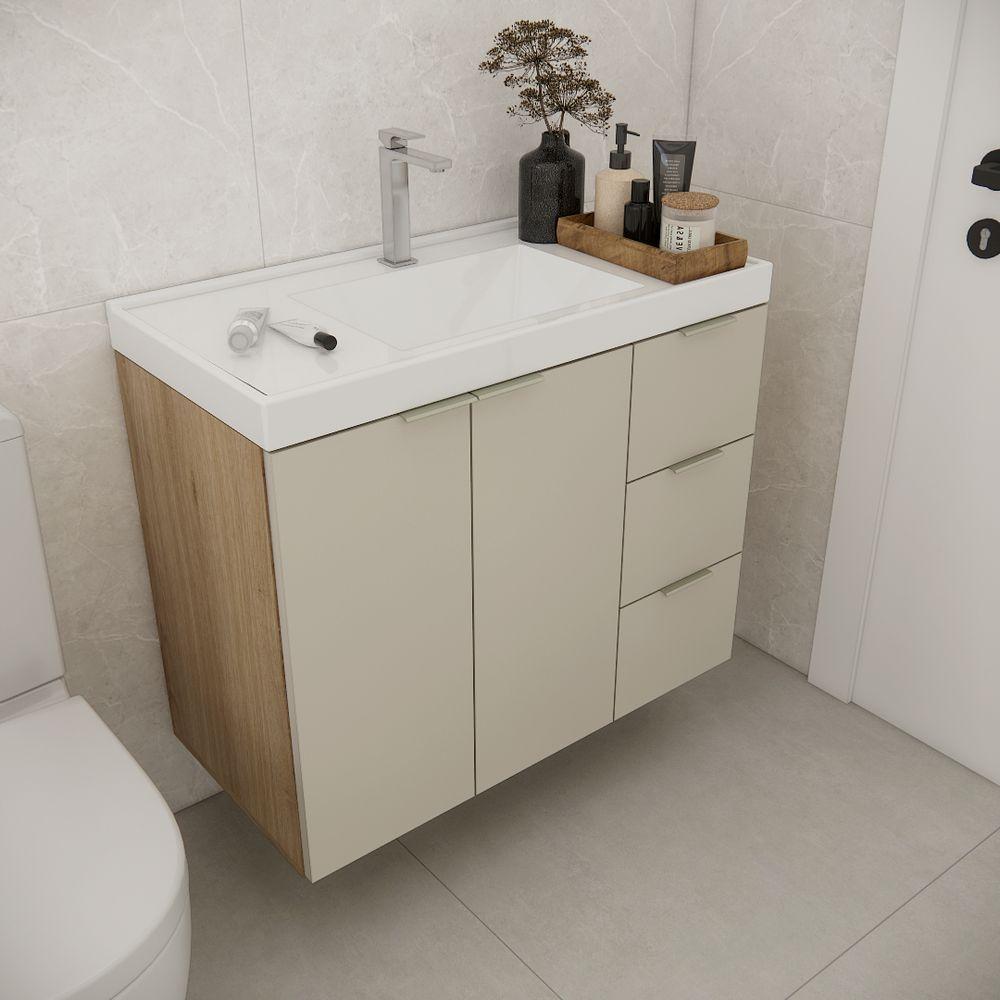 Gabinete De Banheiro Com Cuba Vittare 79,6cm Estilare GAB5003 Carvalho-nude Gaveta Direita - 1