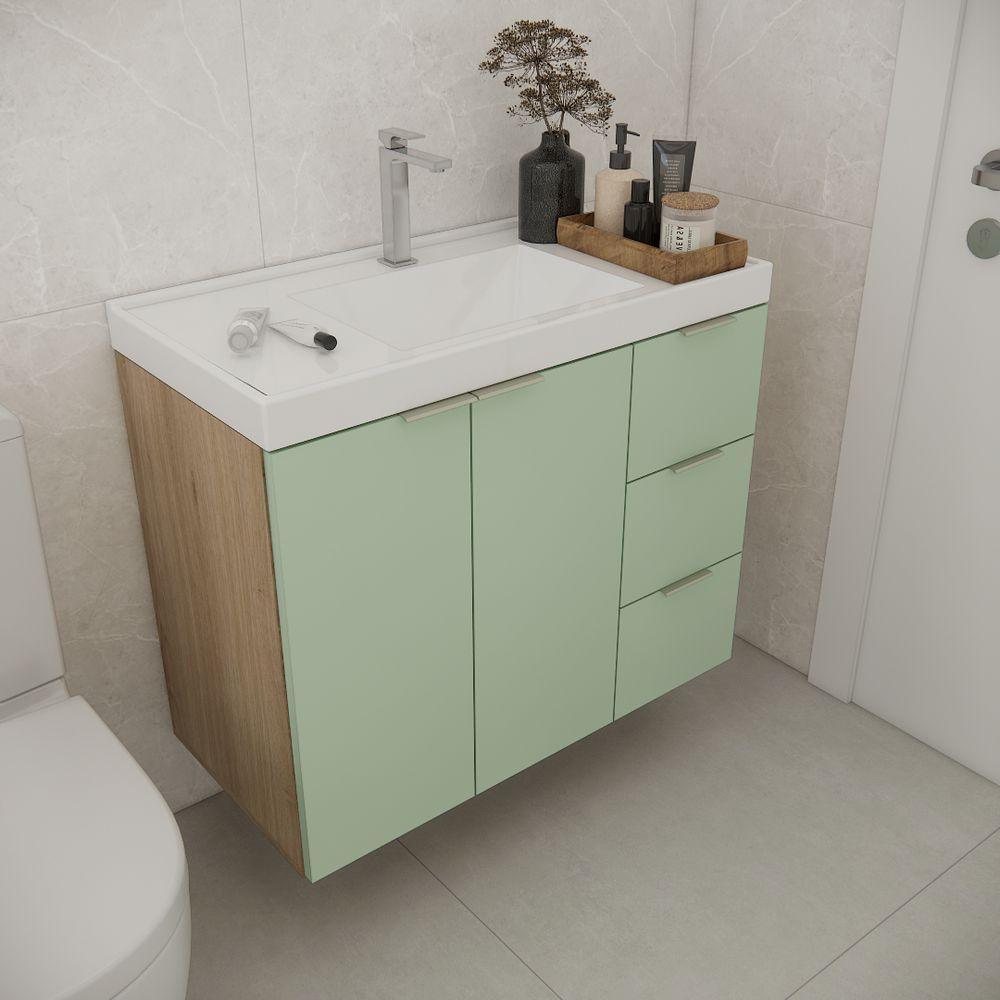 Gabinete De Banheiro Com Cuba Vittare 79,6cm Estilare GAB5003 Carvalho-verde Gaveta Direita - 1