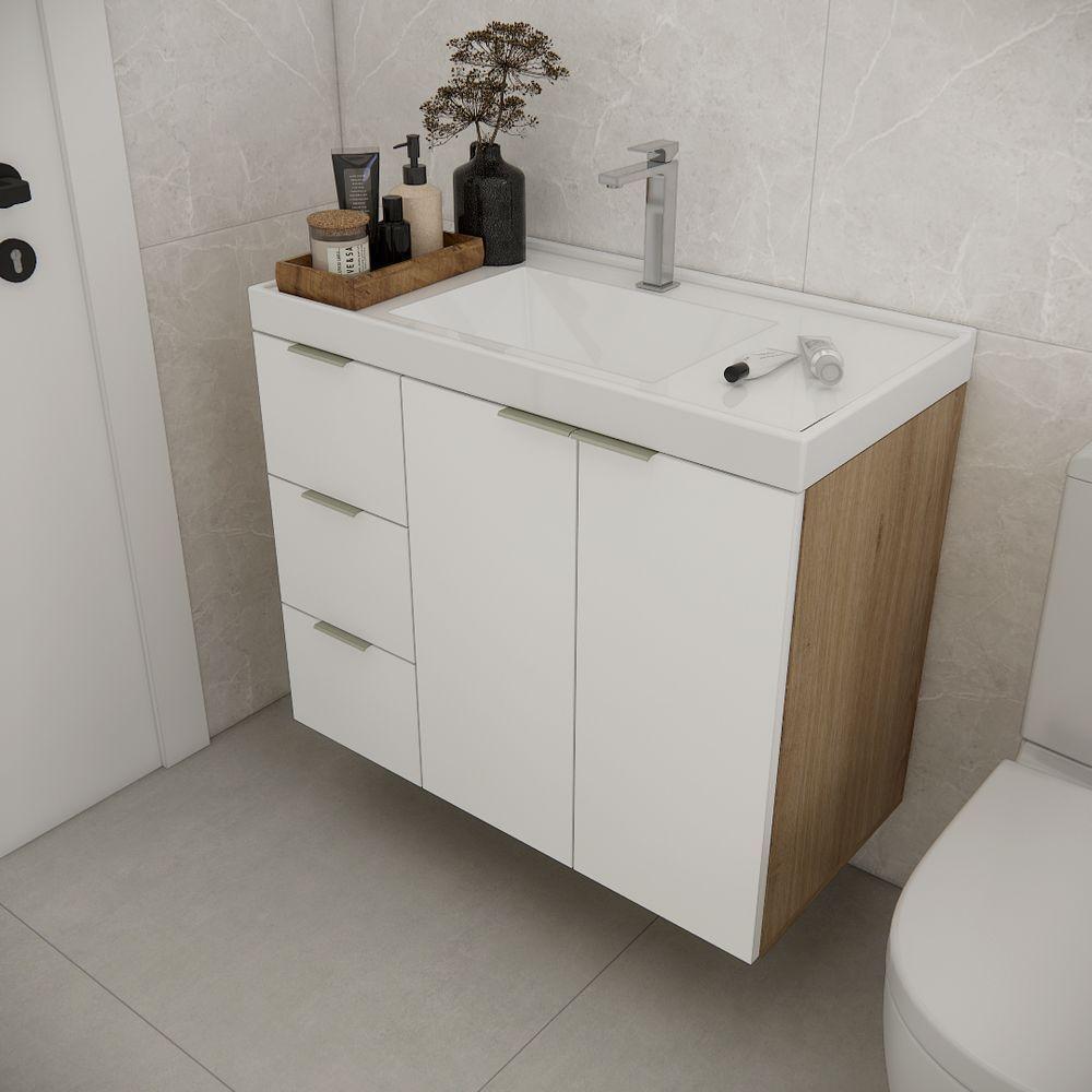 Gabinete De Banheiro Com Cuba Vittare 79,6cm Estilare GAB5004 Carvalho-branco Gaveta Esquerda - 1