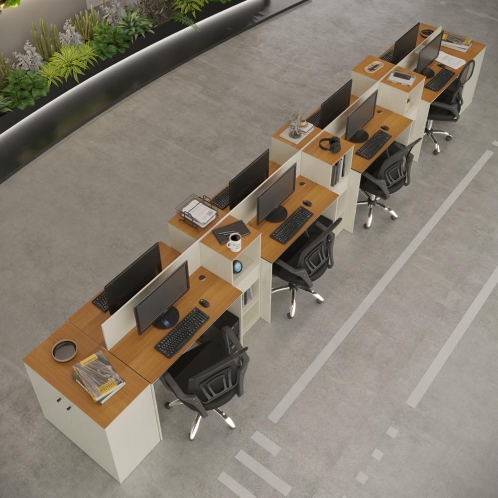 Estação De Trabalho 8 Lugares Tech Office 8 Mesas 6 Armários - Off White E Cedro Off White E Cedro - 1