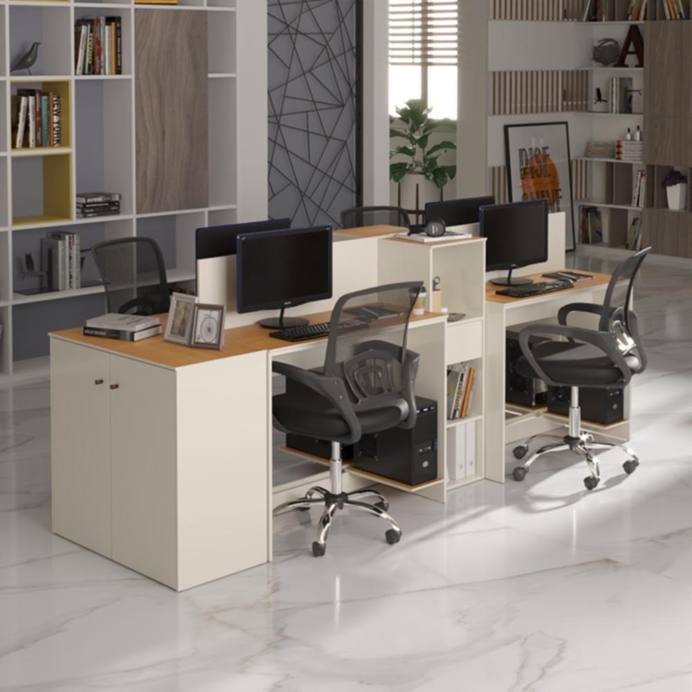 Estação De Trabalho 4 Lugares Office Tech 4 Mesas 2 Armários - Off White E Cedro Off White E Cedro - 1