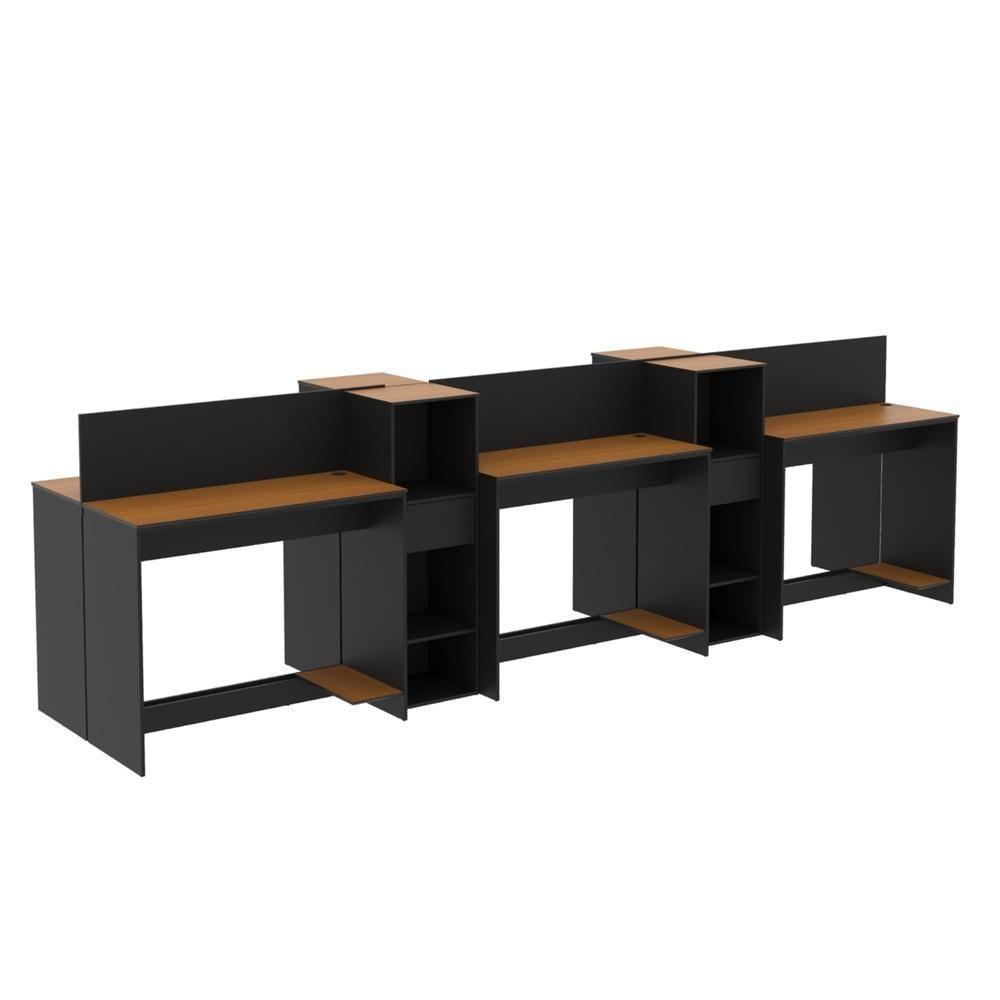 Estação De Trabalho 6 Lugares Office Tech 6 Mesas 4 Armários - Preto E Cedro Preto E Cedro - 3