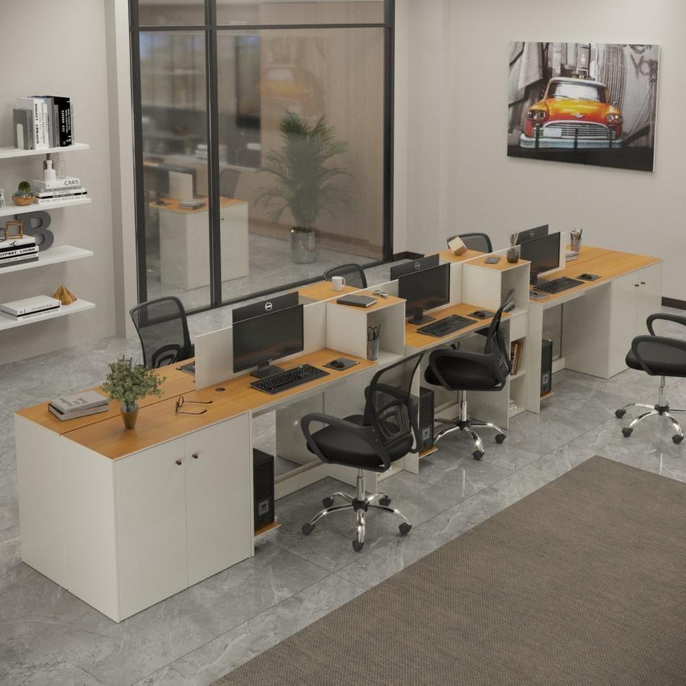 Estação De Trabalho 6 Lugares Tech Office 6 Mesas 4 Armários - Off White E Cedro Off White E Cedro - 1