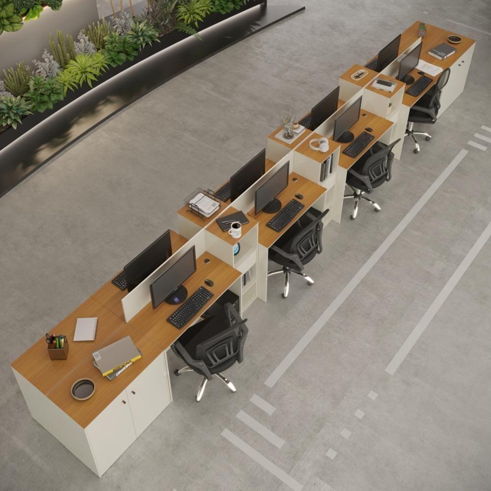 Estação De Trabalho 8 Lugares Tech Office 8 Mesas 6 Armários - Off White E Cedro Off White E Cedro - 1