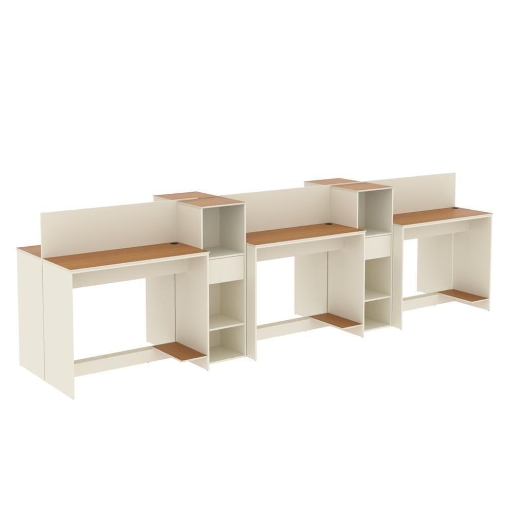 Estação De Trabalho 6 Lugares Office Tech 6 Mesas 4 Armários - Off White E Cedro Off White E Cedro - 3