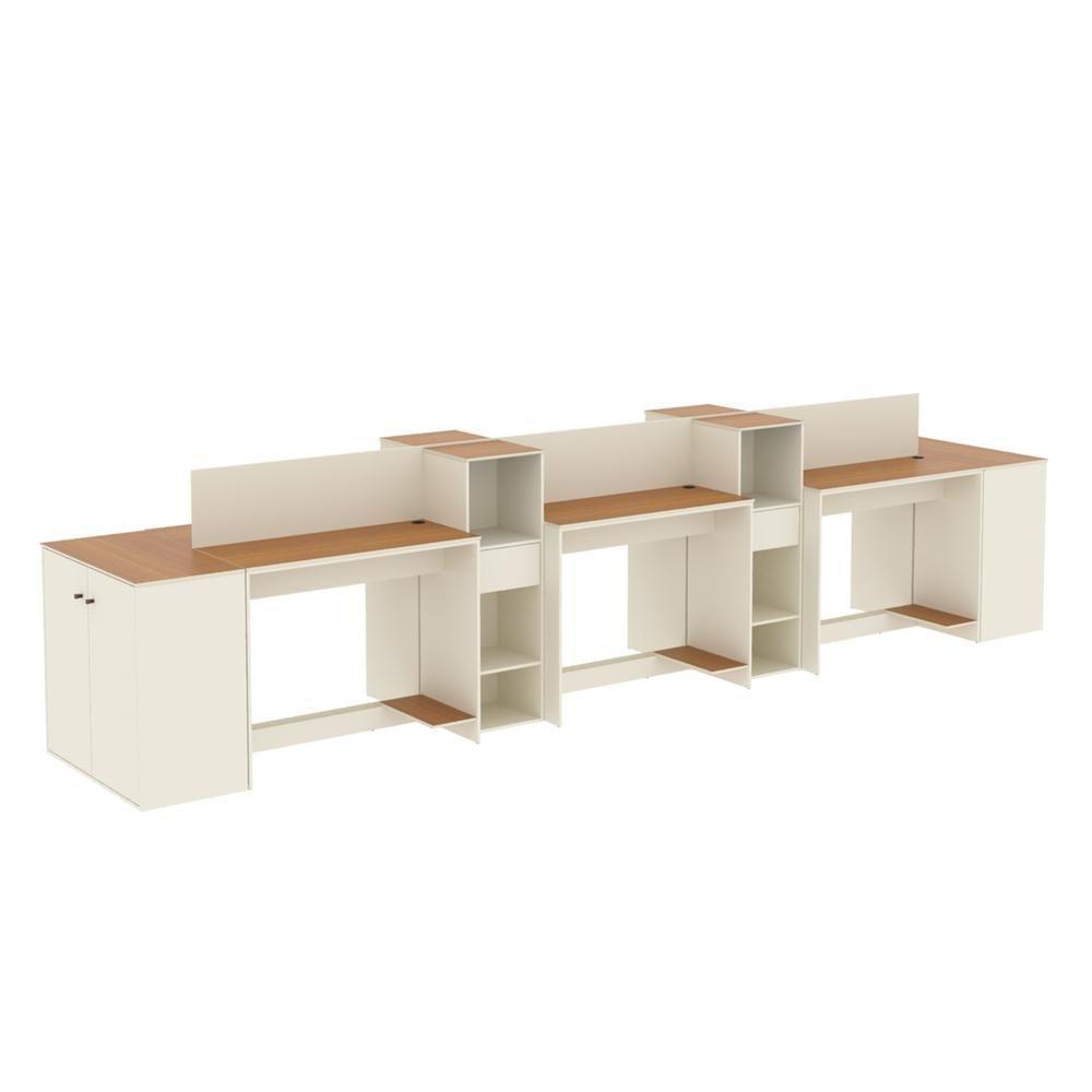 Estação De Trabalho 6 Lugares Tech Office 6 Mesas 4 Armários - Off White E Cedro Off White E Cedro - 3