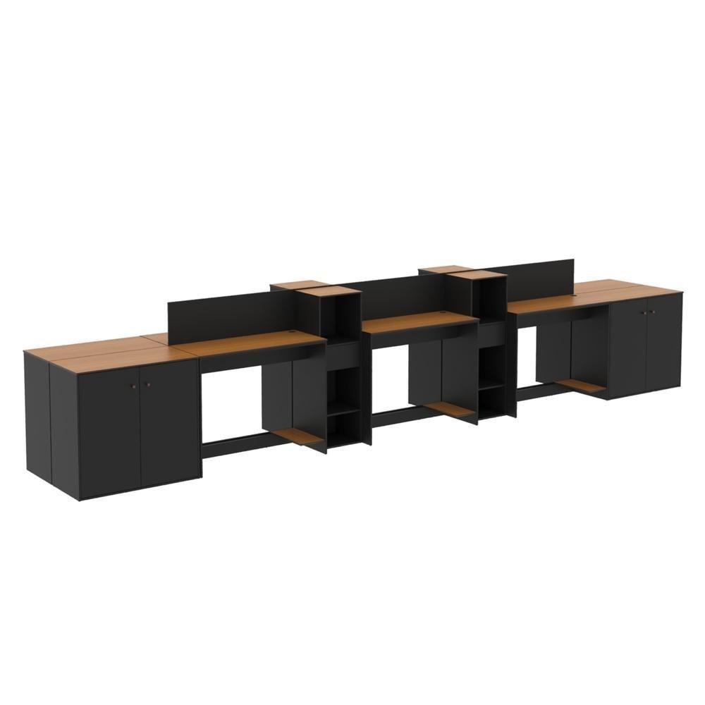Estação De Trabalho 6 Lugares Tech Office 6 Mesas 4 Armários - Preto E Cedro Preto E Cedro - 3