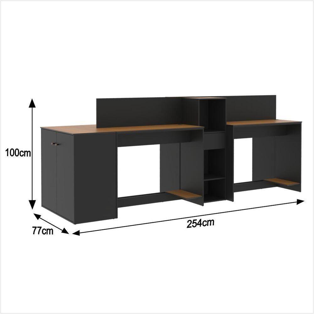 Estação De Trabalho 4 Lugares Office Tech 4 Mesas 2 Armários - Preto E Cedro Preto E Cedro - 2