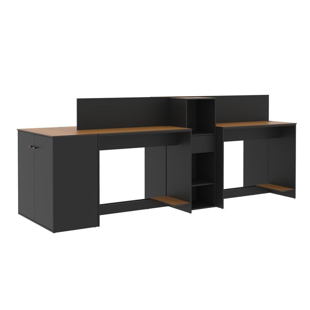 Estação De Trabalho 4 Lugares Office Tech 4 Mesas 2 Armários - Preto E Cedro Preto E Cedro - 3