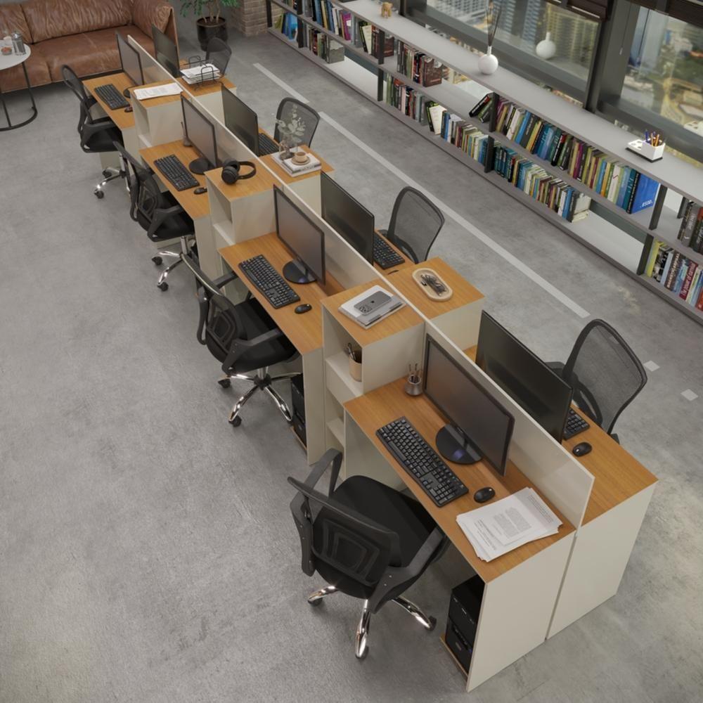 Estação De Trabalho 8 Lugares Tech Office 8 Mesas 6 Armários - Off White E Cedro Off White E Cedro - 1