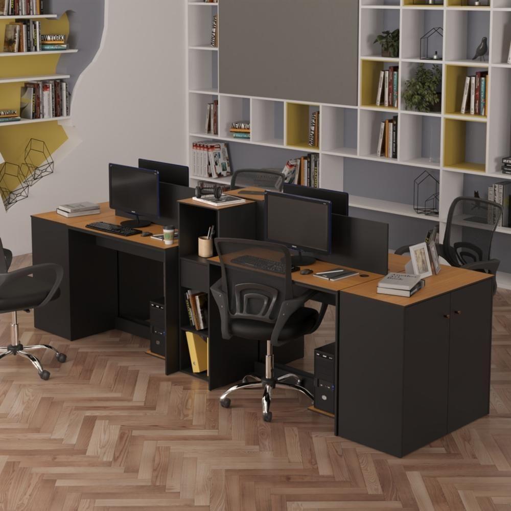 Estação De Trabalho 4 Lugares Office Tech 4 Mesas 2 Armários - Preto E Cedro Preto E Cedro - 1