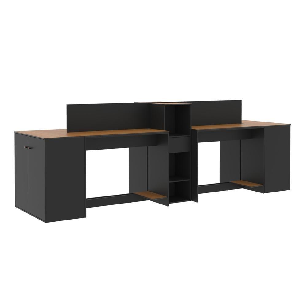 Estação De Trabalho 4 Lugares Office Tech 4 Mesas 2 Armários - Preto E Cedro Preto E Cedro - 3
