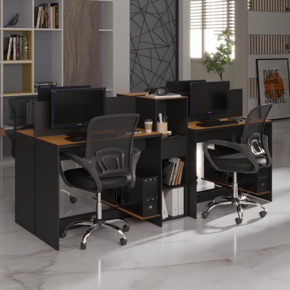 Estação De Trabalho 4 Lugares Office Tech 4 Mesas 2 Armários - Preto E Cedro Preto E Cedro - 1