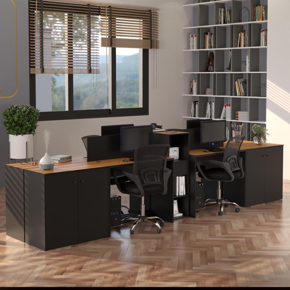 Estação De Trabalho 4 Lugares Office Tech 4 Mesas 2 Armários - Preto E Cedro Preto E Cedro - 1
