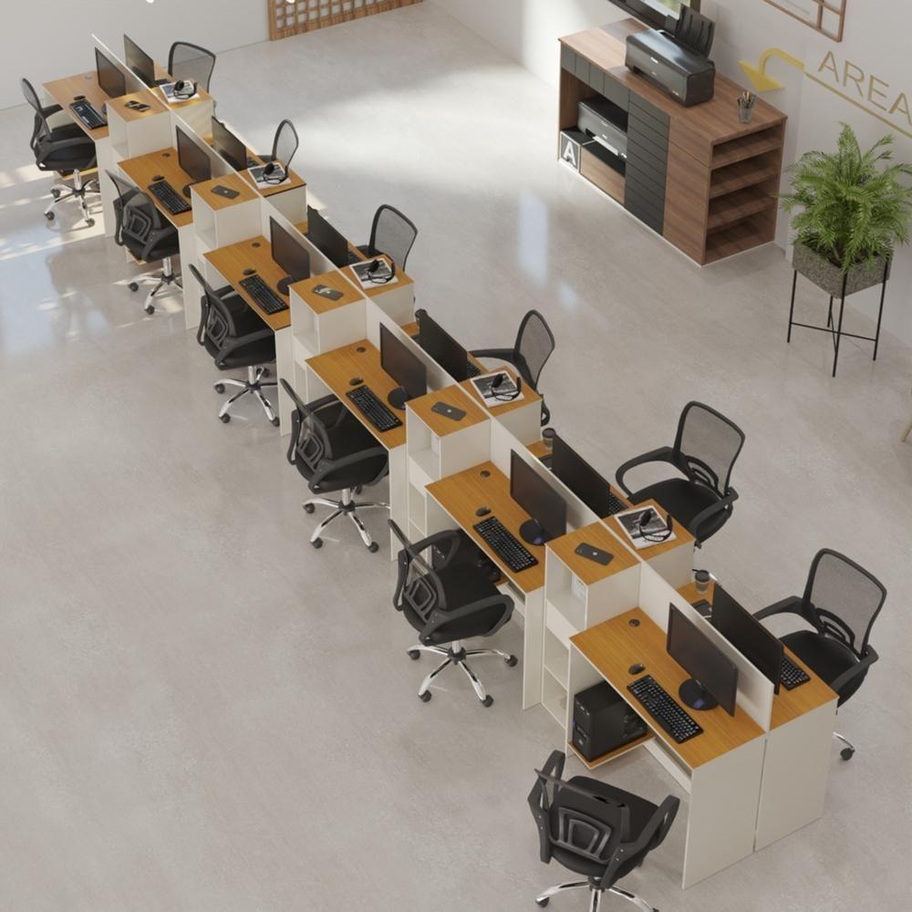 Estação De Trabalho 12 Lugares Tech Office 12 Mesas 10 Armár - Off White E Cedro Off White E Cedro - 1