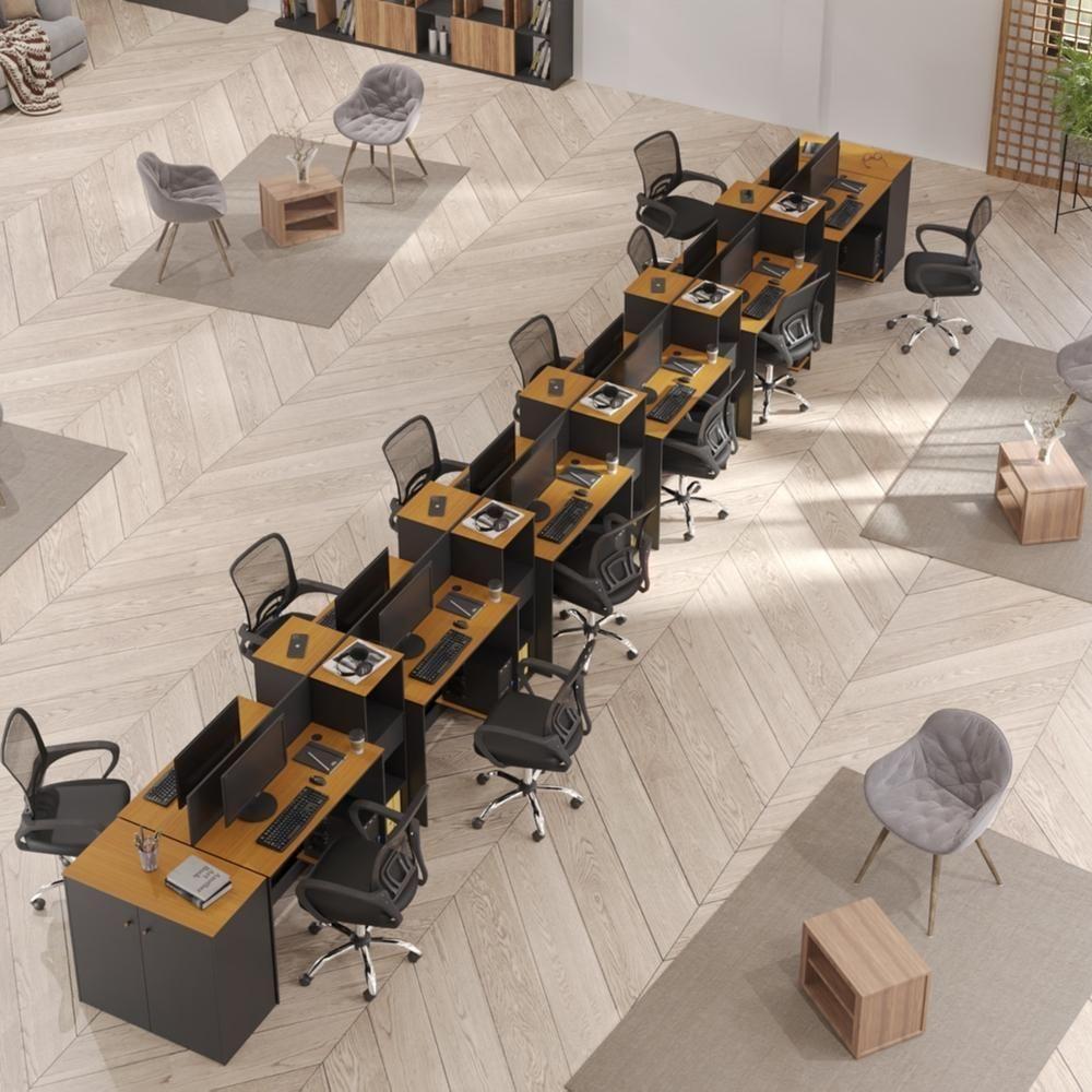 Estação De Trabalho 12 Lugares Office Tech 12 Mesas 10 Armár - Preto E Cedro Preto E Cedro - 1