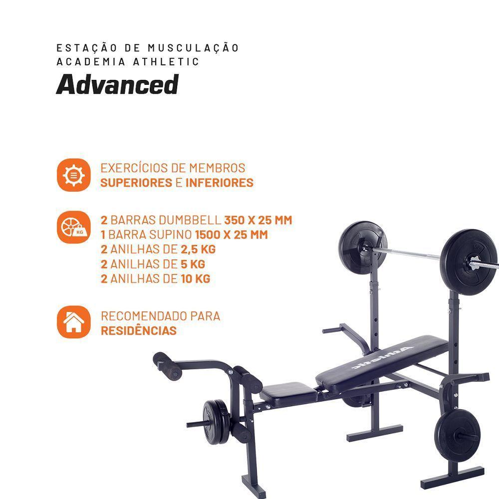 Estação De Musculação Athletic Advanced Banco Regulável Barras E 35kg Em Anilhas Para Treino Em Casa - 2