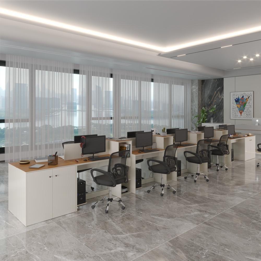 Estação De Trabalho 10 Lugares Tech Office 10 Mesas 8 Armári - Off White E Cedro Off White E Cedro - 4