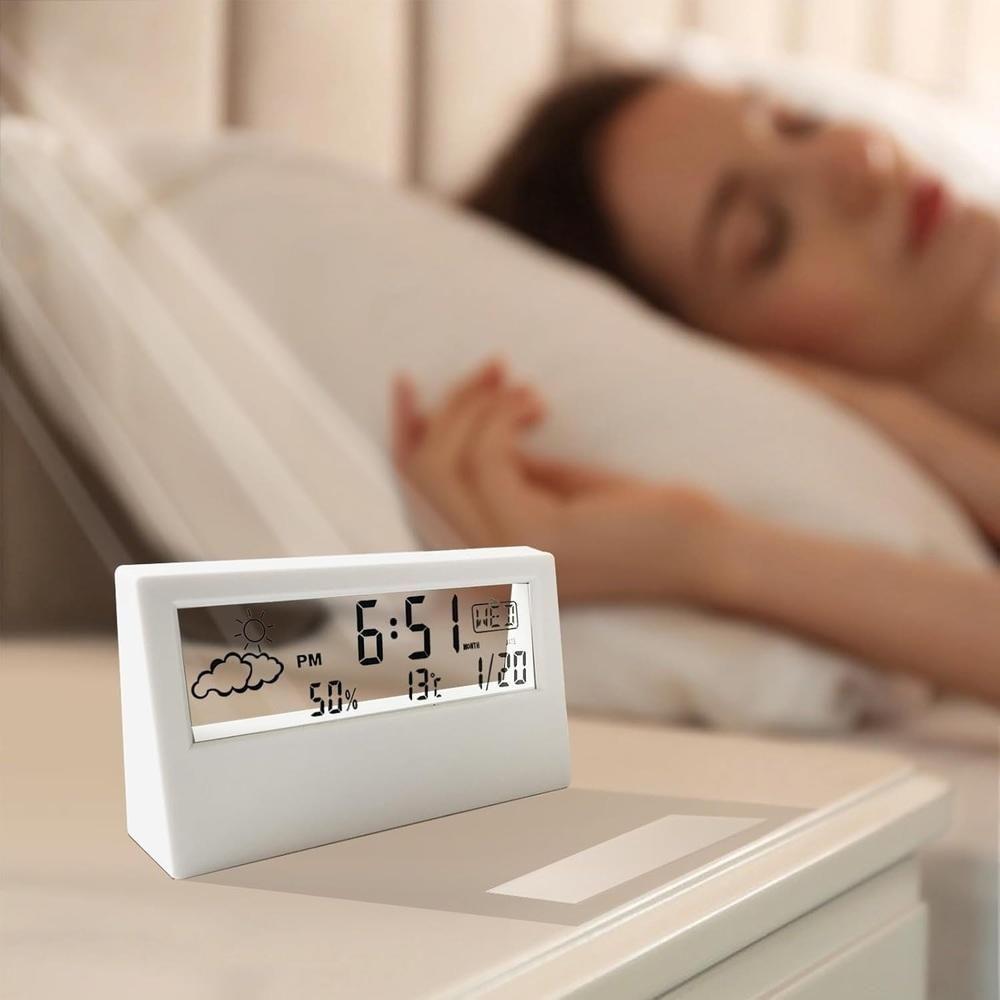 Relogio De Mesa Despertador Digital Multifuncao Tela Transparente Lcd Iluminada Sensor Clima Temperatura Umidade Branco - 3