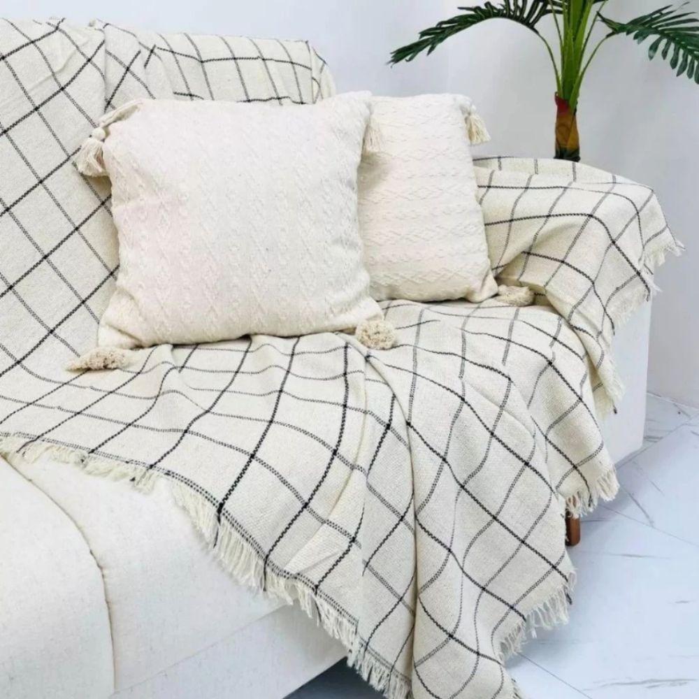 Manta Para Sofá Grande 2 E 3 Lugares 2,40x1,80 Capa Protetora Cobertor Para Sofa E Cama Gigante Cru Com Preto - 1