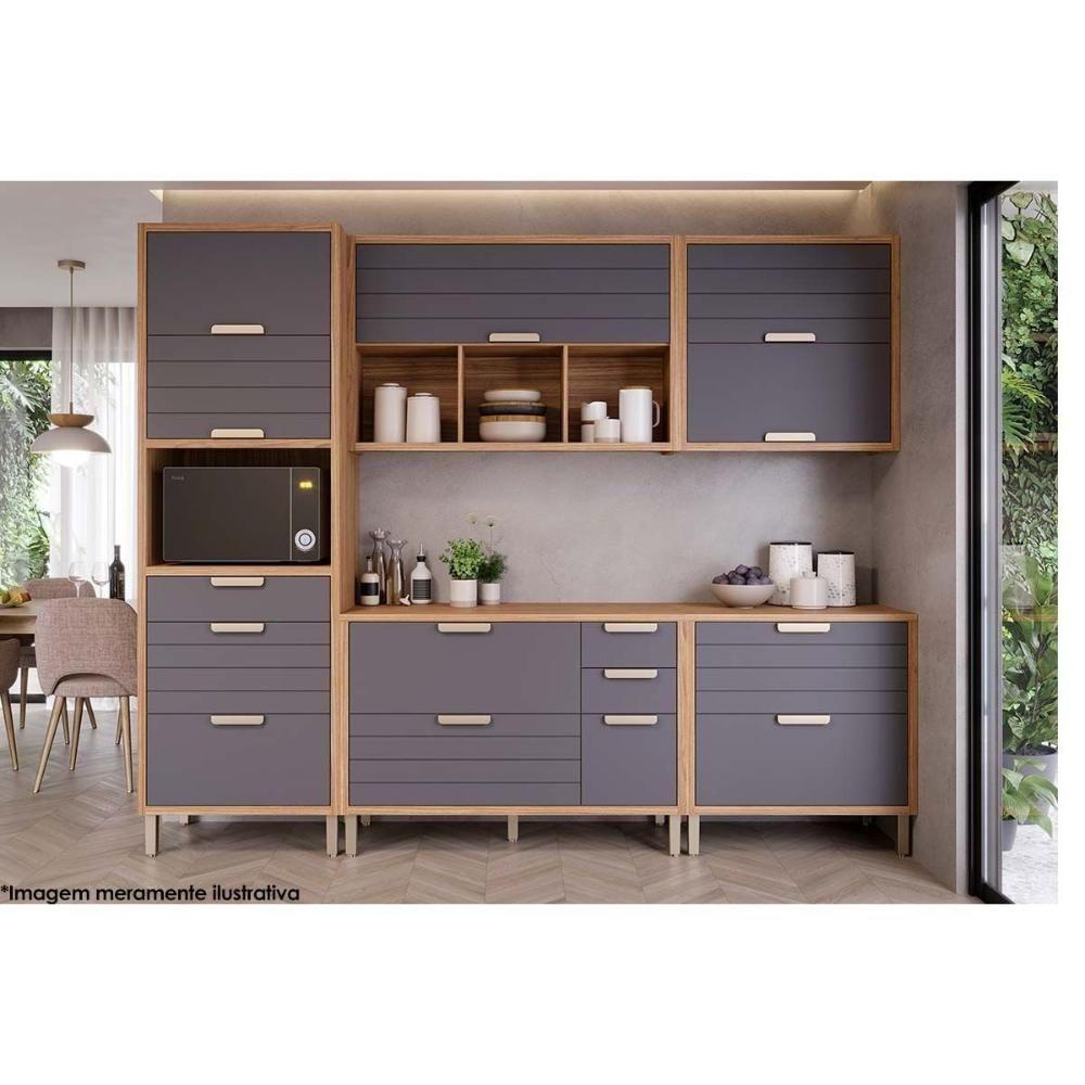 Paneleiro De Cozinha Eloise C- 3 Portas Basculantes Riscadas 1 Nicho P- Forno E 2 Gavetas 70 Cm Cinamomo-platina - Mgm - 6