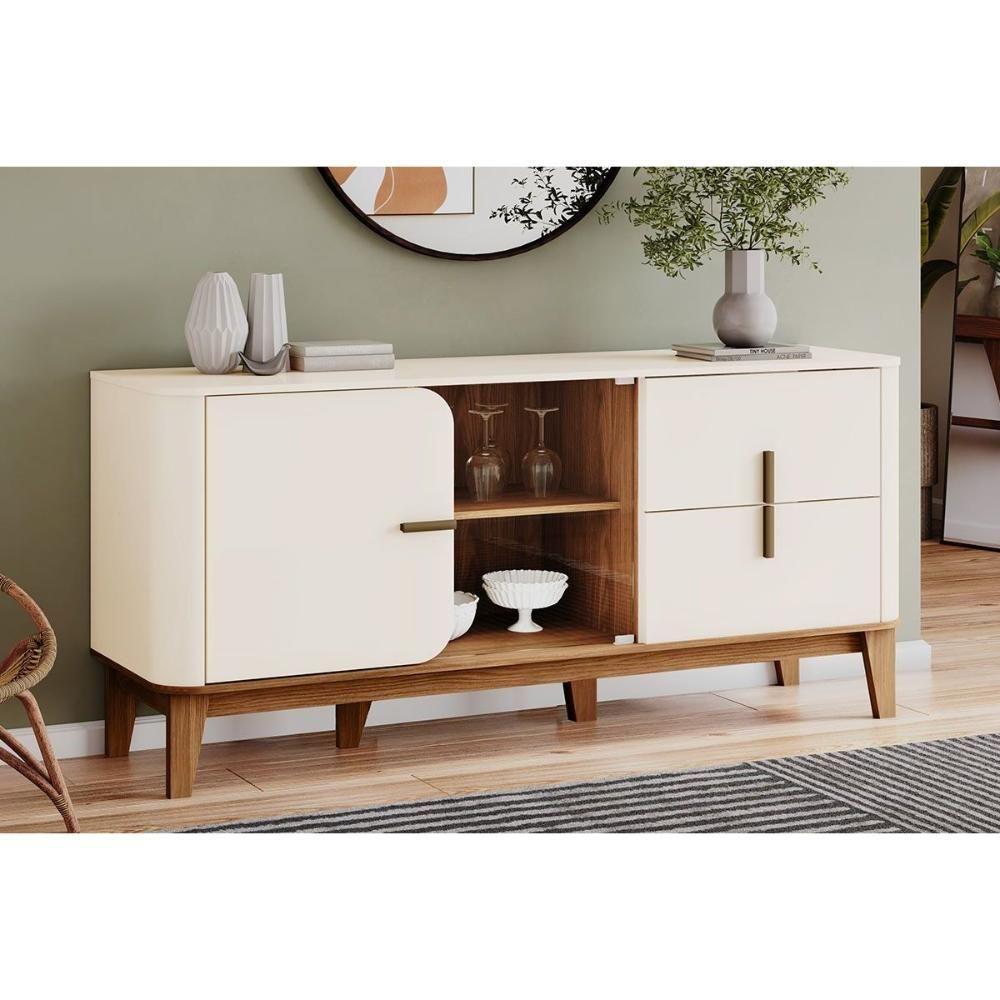 Buffet De Sala Jantar Rael 2 Portas E 2 Gavetas C- Vidro Off White-nature - Henn - 1