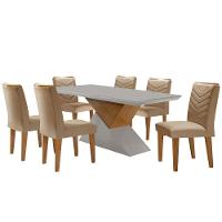 Mesa Aster 180 Tampo Em Mdf E Vidro + 6 Cadeiras Liz Moderna Turim 07/off White/imbuia - 2