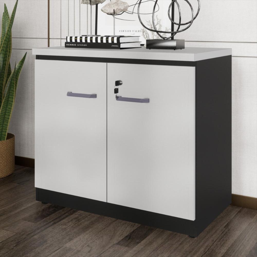 Balcão De Escritório 80cm 2 Portas Com Chave Multimóveis Cr25296 Cinza Preto - 1