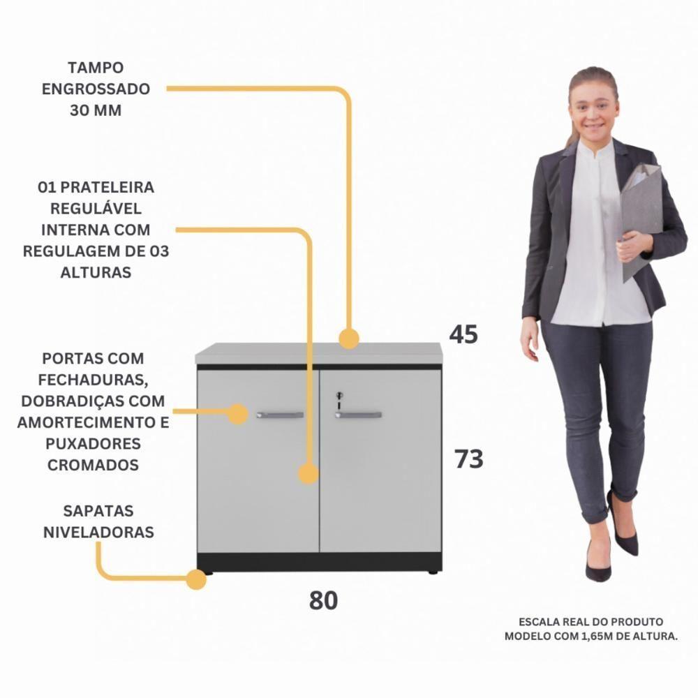 Balcão De Escritório 80cm 2 Portas Com Chave Multimóveis Cr25296 Cinza Preto - 3
