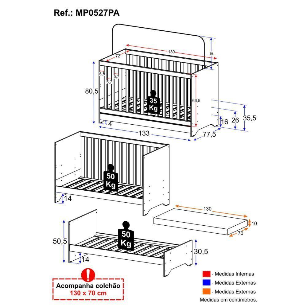 Berço Americano 3 Em 1 Com Colchão Incluso Multimóveis Mp0527pa Branco - 4