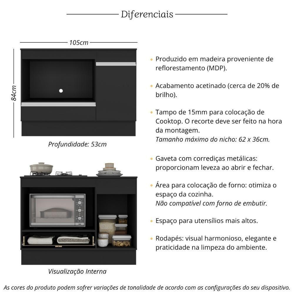 Balcão Cozinha Para Cooktop E Forno 105cm Com Rodapé Veneza Multimóveis Mp2295 Preto/branco - 3