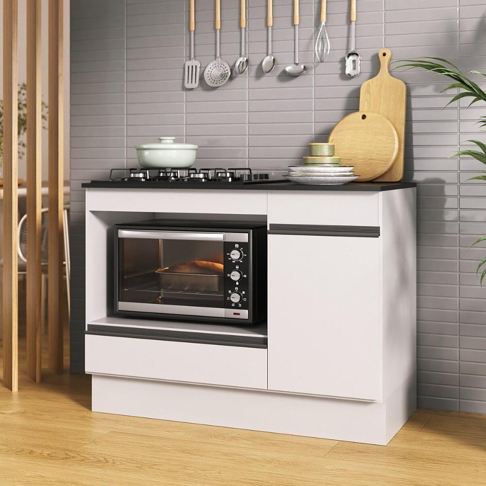 Balcão Cozinha Para Cooktop E Forno 105cm Com Rodapé Veneza Multimóveis Mp2295 Branco/preto - 1