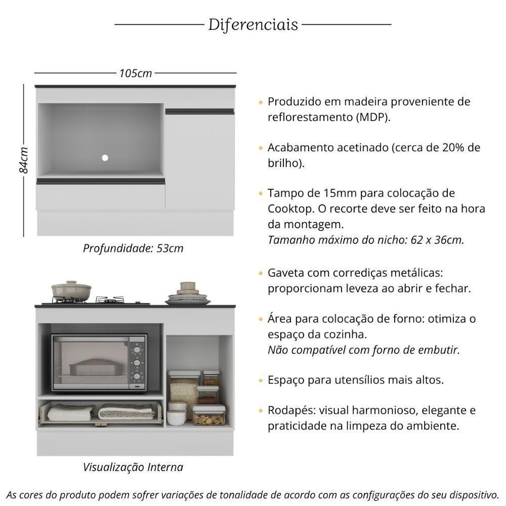 Balcão Cozinha Para Cooktop E Forno 105cm Com Rodapé Veneza Multimóveis Mp2295 Branco/preto - 5