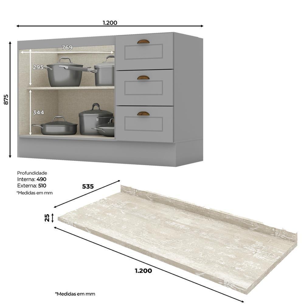 Balcao Pia Com Tampo 120 Cm C353 Americana Cinza Calcare Henn Cinza Calcare - 4